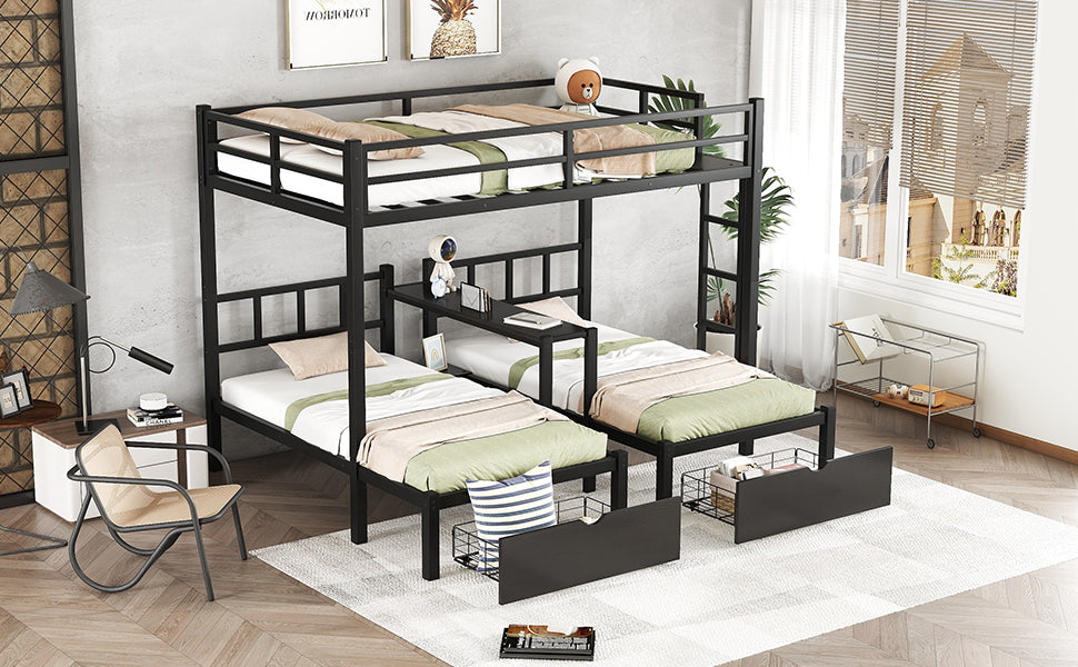 Full Xl Over Twin & Twin Triple Bunk Bed With Drawers, Multi Functional Metal Frame Bed With Desks And Shelves In The Middle, Black Full Xl Black Metal