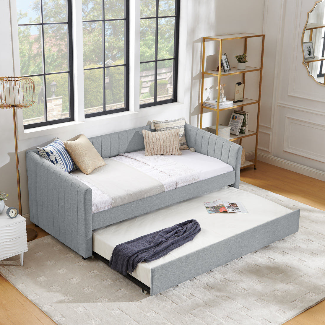 Twin Size Daybed With Trundle Upholstered Sofa Bed, With Vertical Stripes, Linen Fabric, Grey 82.5"X43"X30" Twin Grey Bedroom Contemporary,Minimalist Linen