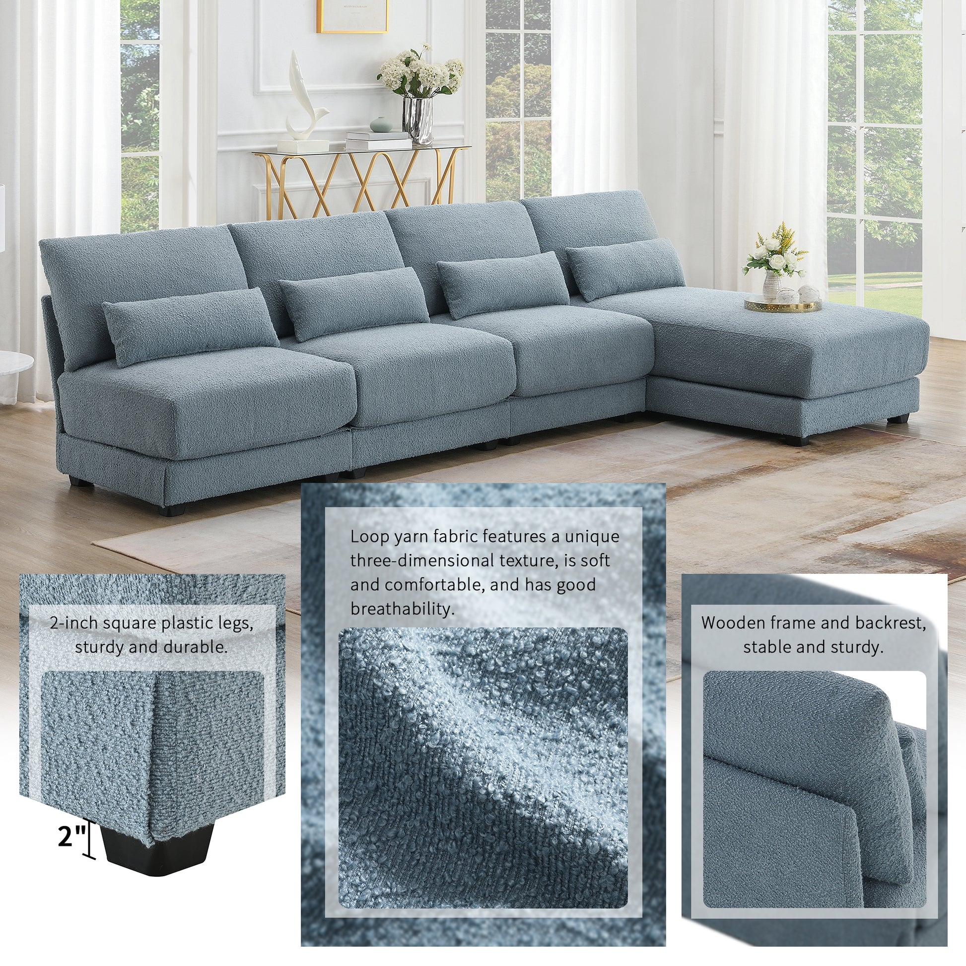 120*61" Oversized Deep Seat Sectional Sofa With Reversible Chaise,Loop Yarn Fabric 5 Seat Armless Indoor Furniture,Convertible L Shaped Couch For Living Room,Apartment,3 Colors Blue Fabric 5 Seat