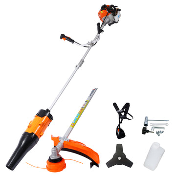 52Cc Weed Eater Wacker Gas Powered, 3 In 1 Blower, String Trimmer,With 10'' Brush Cutter,Rubber Handle & Shoulder Strap Included Orange Aluminium