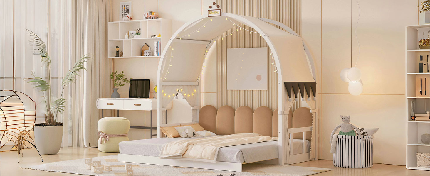 Twin Size Extended Bed With Arched Roof And Trundle, White Twin White Plywood