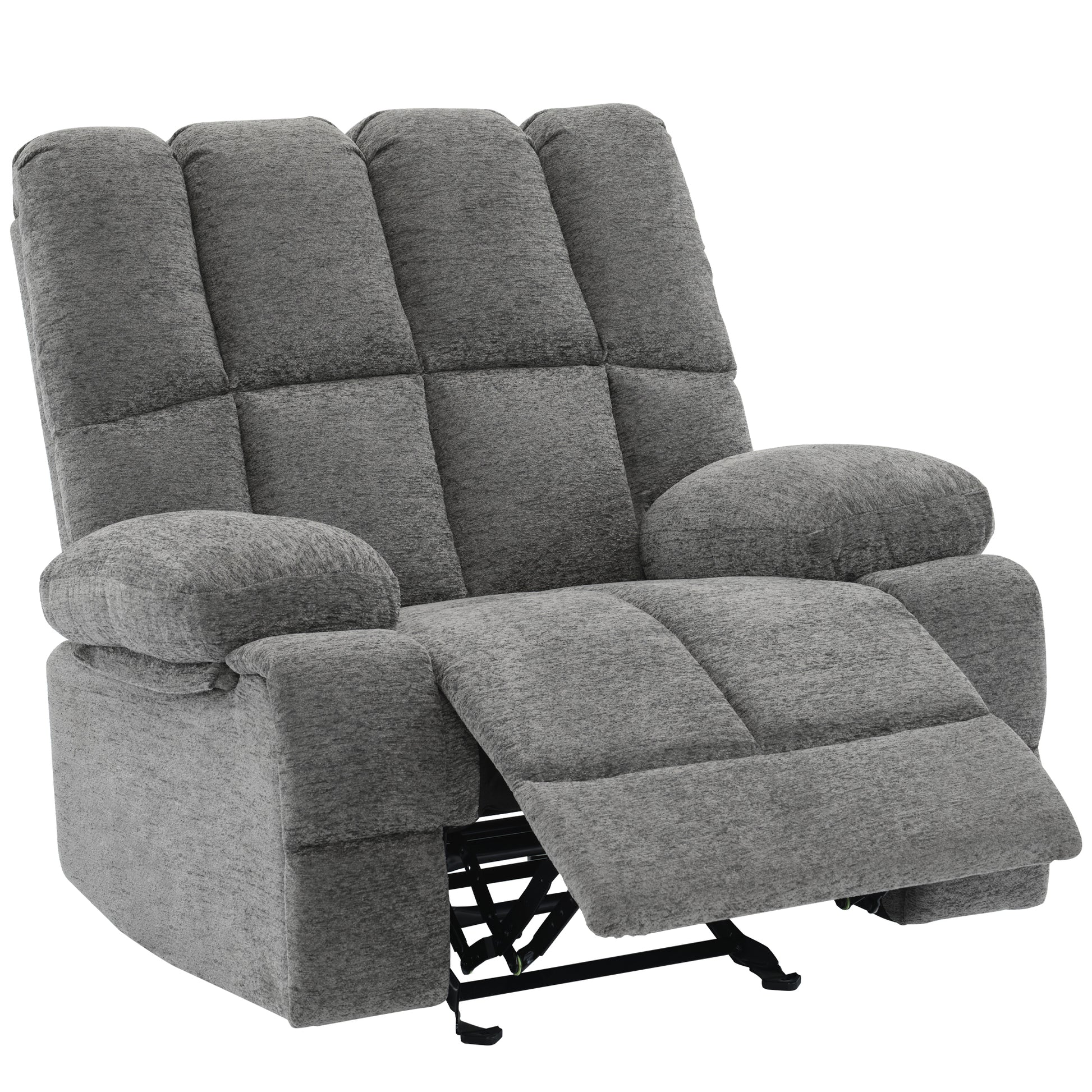 Oversize Rocker Recliner Chair For Adults, Extra Wide Rocking Recliner Chair Manual Recliner, Bid Man Recliners, Limestone Grey Brown Wood Primary Living Space Heavy Duty Handle Acacia Grey Chenille Manual Handle Soft Cushion Back American Design,Modern