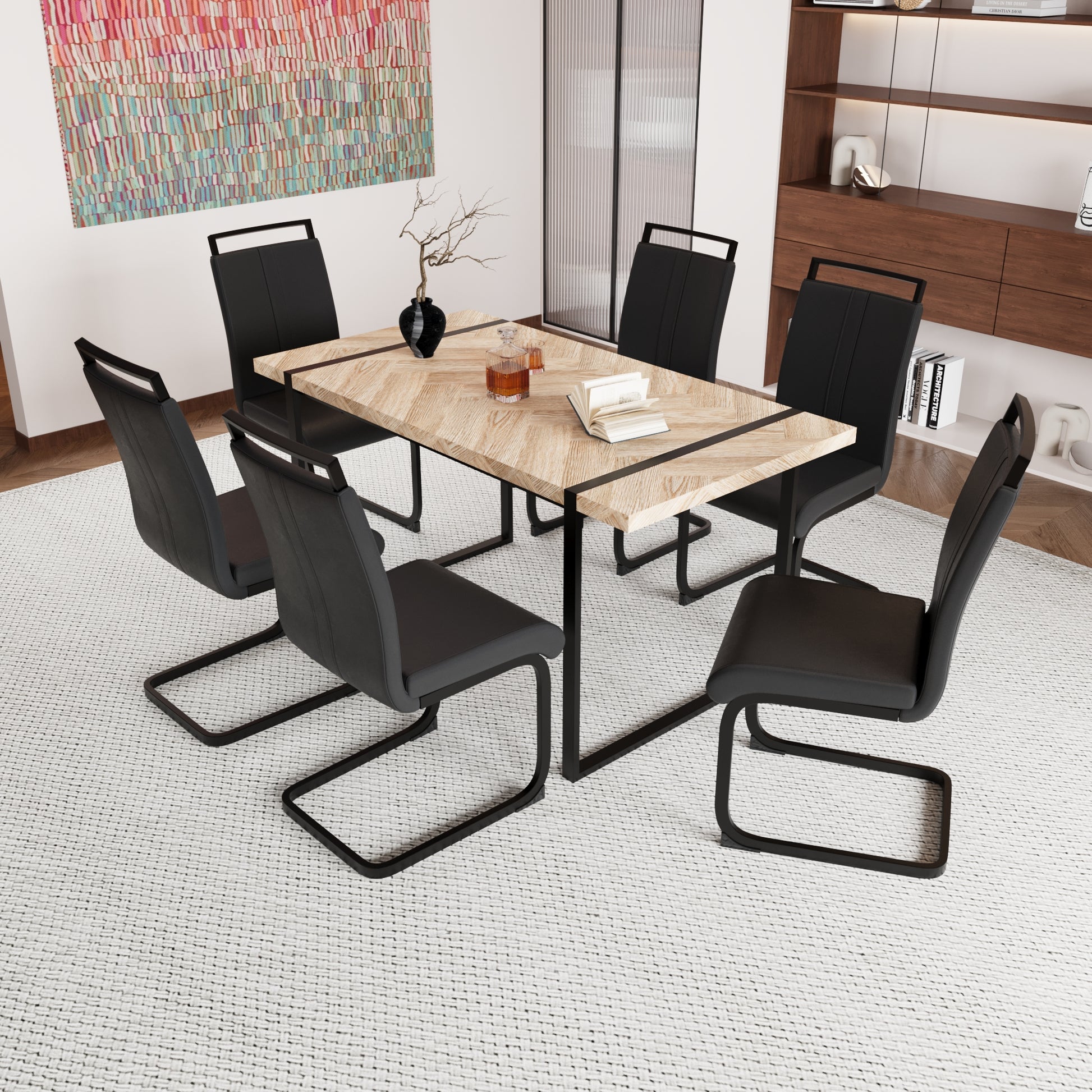 59 "Rural Industrial Rectangular Mdf Light Wood Dining Table Set And Pu Armless Dining Chair Set, 6 Piece. Kitchen Black Metal Table Leg Dining Chair Set Black Brown Mdf