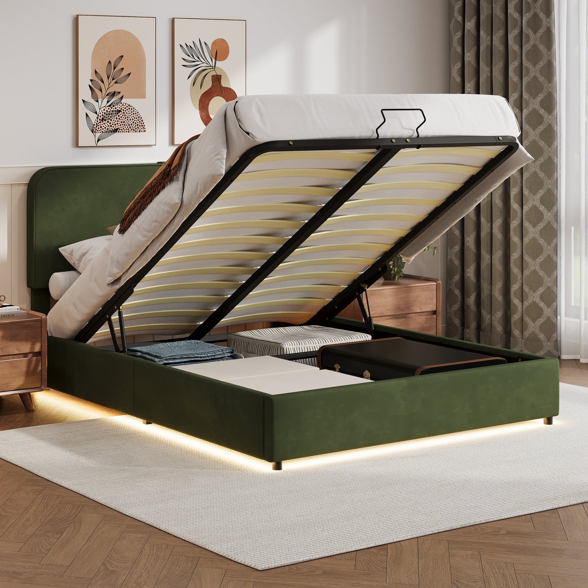 Upholstered Platform Queen Size Hydraulic Storage Bed, Lift Up Storage Bed With Rgb Led Light, Bluetooth Speaker, No Box Spring Needed, Lychee Velvet, Green Queen Green Velvet Fabric Metal