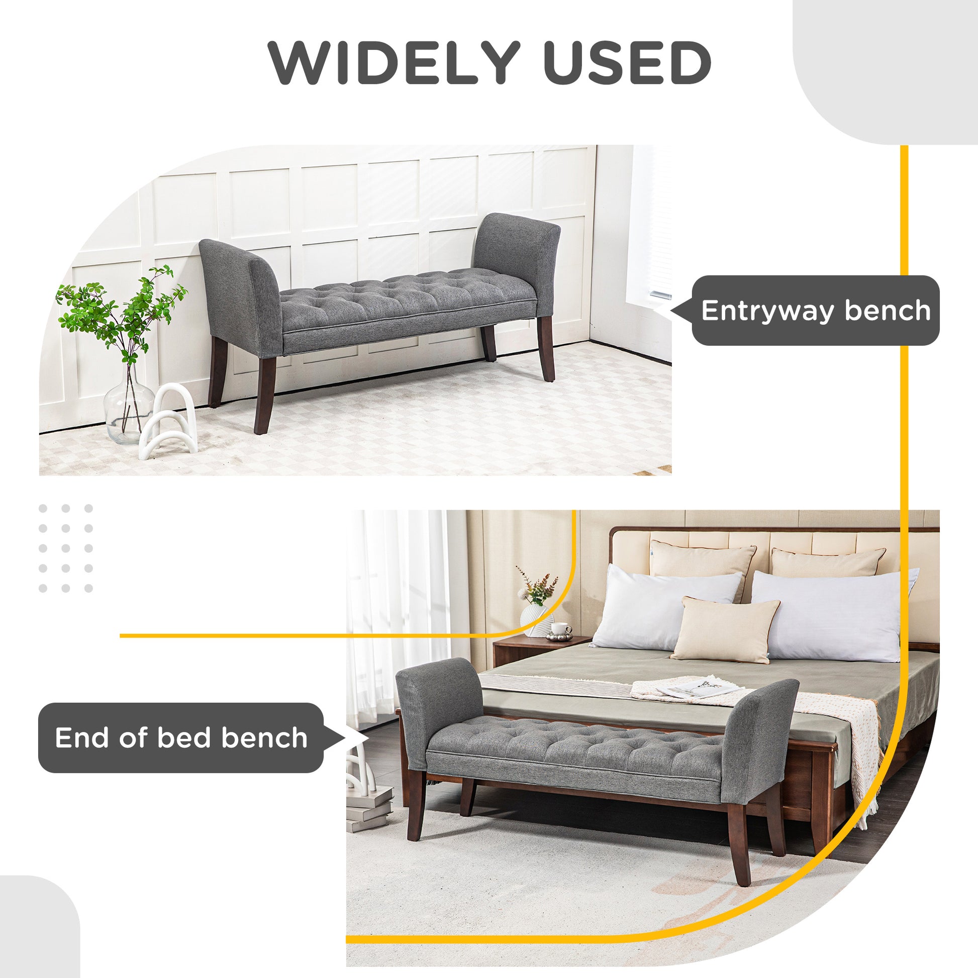 Homcom End Of Bed Bench With Button Tufted Design, Upholstered Bedroom Entryway Bench With Arms And Solid Wood Legs For Bedroom, Dark Gray Dark Gray Wood