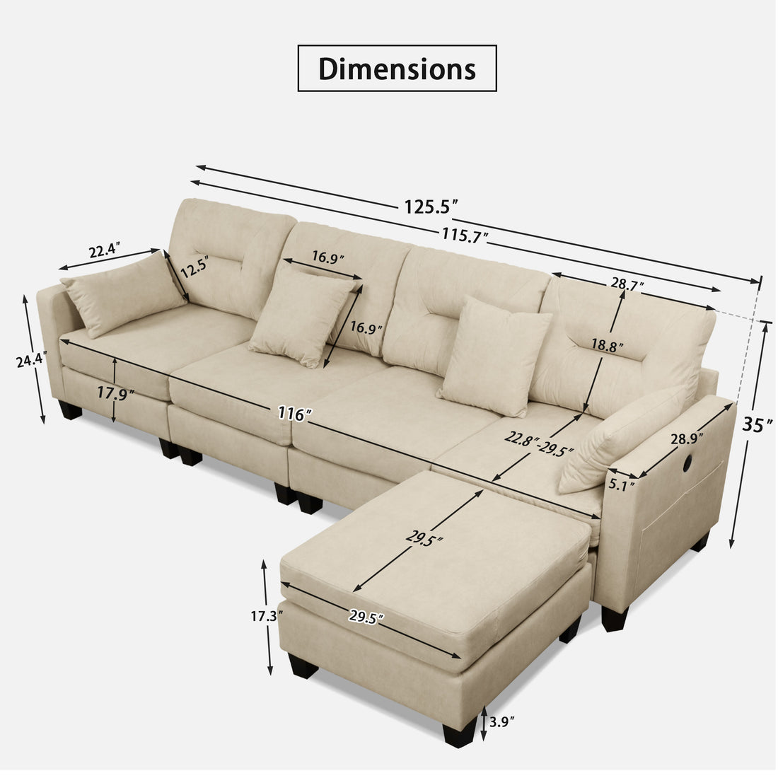 Oversized 125Inch L Shaped Modular Sectional Couches With Usb Ports, Ottoman, Lumbar Pillows Beige Velvet Wood Primary Living Space Medium Soft Cushion Back Extra Heavy Duty Foam Foam Spring 5 Seat