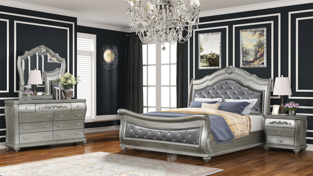 Destiny Traditional Style Upholstered Crystal Tufted King Bed Made With Wood In Silver Box Spring Required King Silver Wood Bedroom Traditional Bed Frame Solid Wood Mdf Velvet Wood