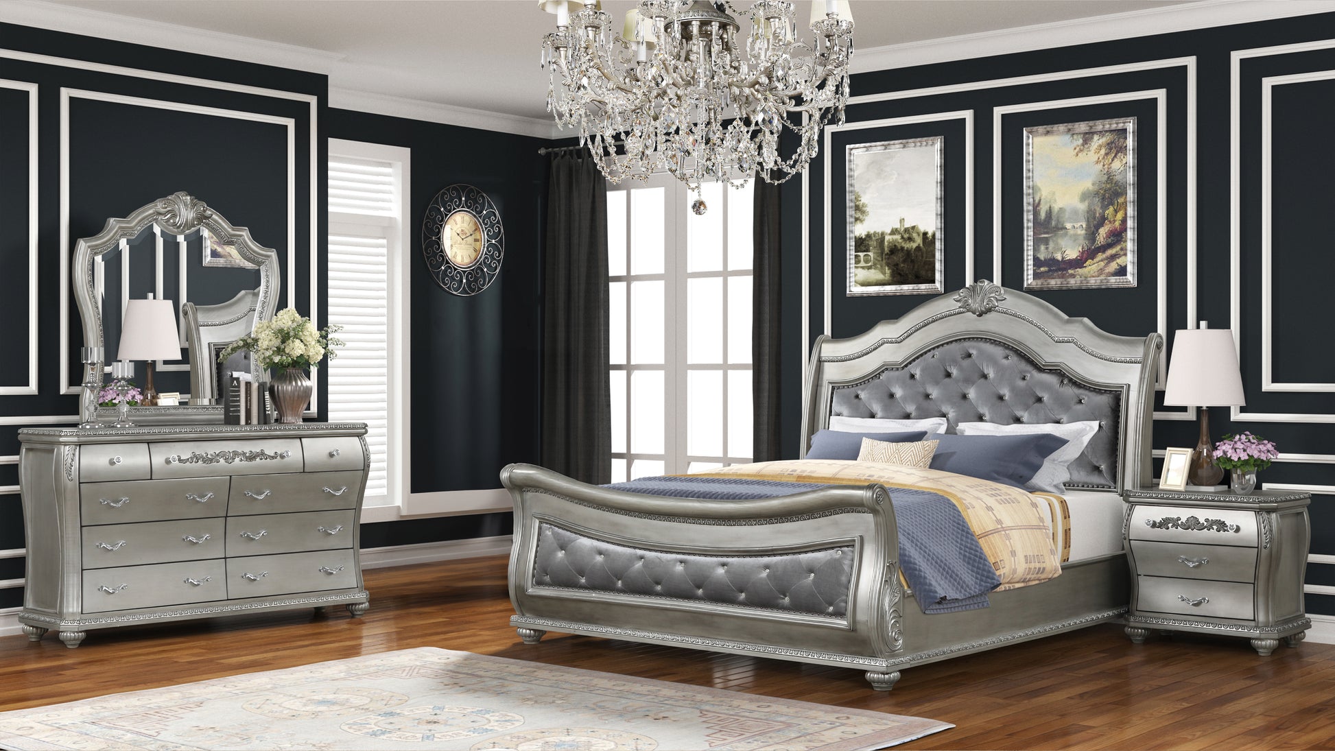 Destiny Traditional Style Upholstered Crystal Tufted King Bed Made With Wood In Silver Box Spring Required King Silver Wood Bedroom Traditional Bed Frame Solid Wood Mdf Velvet Wood