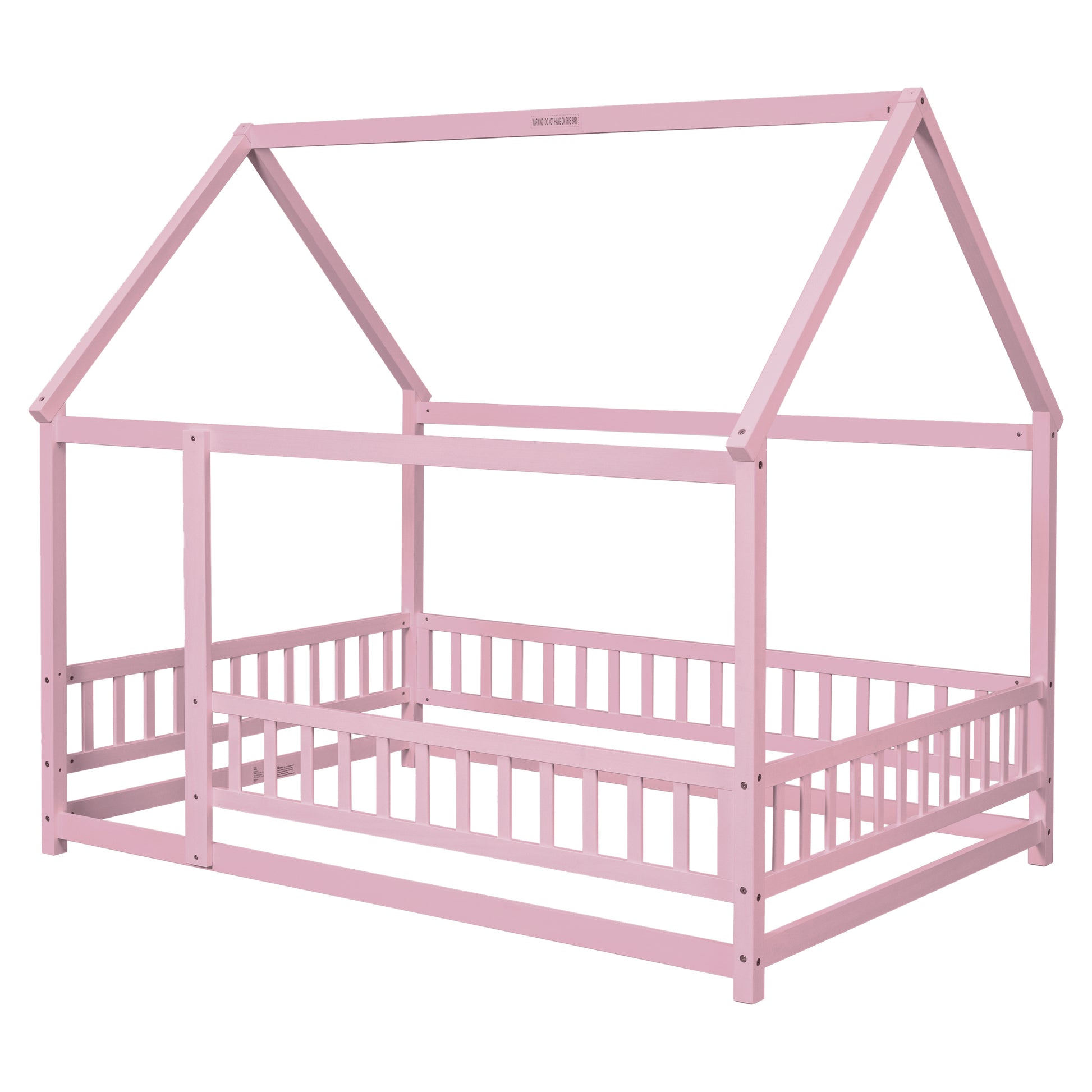 Full Size Floor Wooden Bed With House Roof Frame, Fence Guardrails ,Pink Full Pink Pine