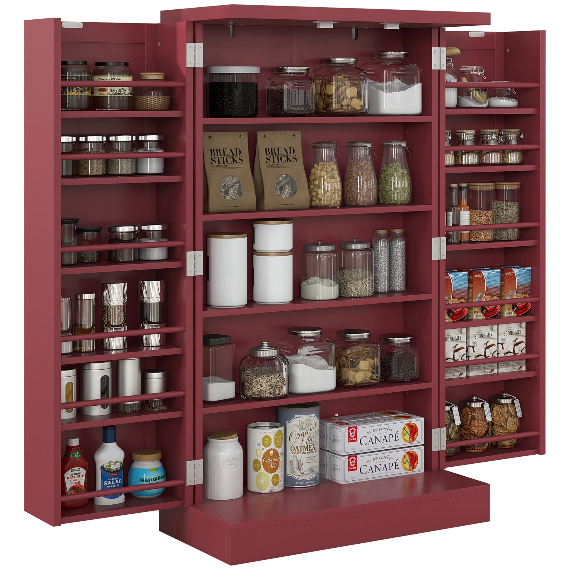 Homcom 41" Kitchen Pantry Storage Cabinet, Freestanding Kitchen Cabinet With 12 Door Shelves, Double Doors, 5 Tier Shelving And Adjustable Shelves, Painted Red Red Mdf