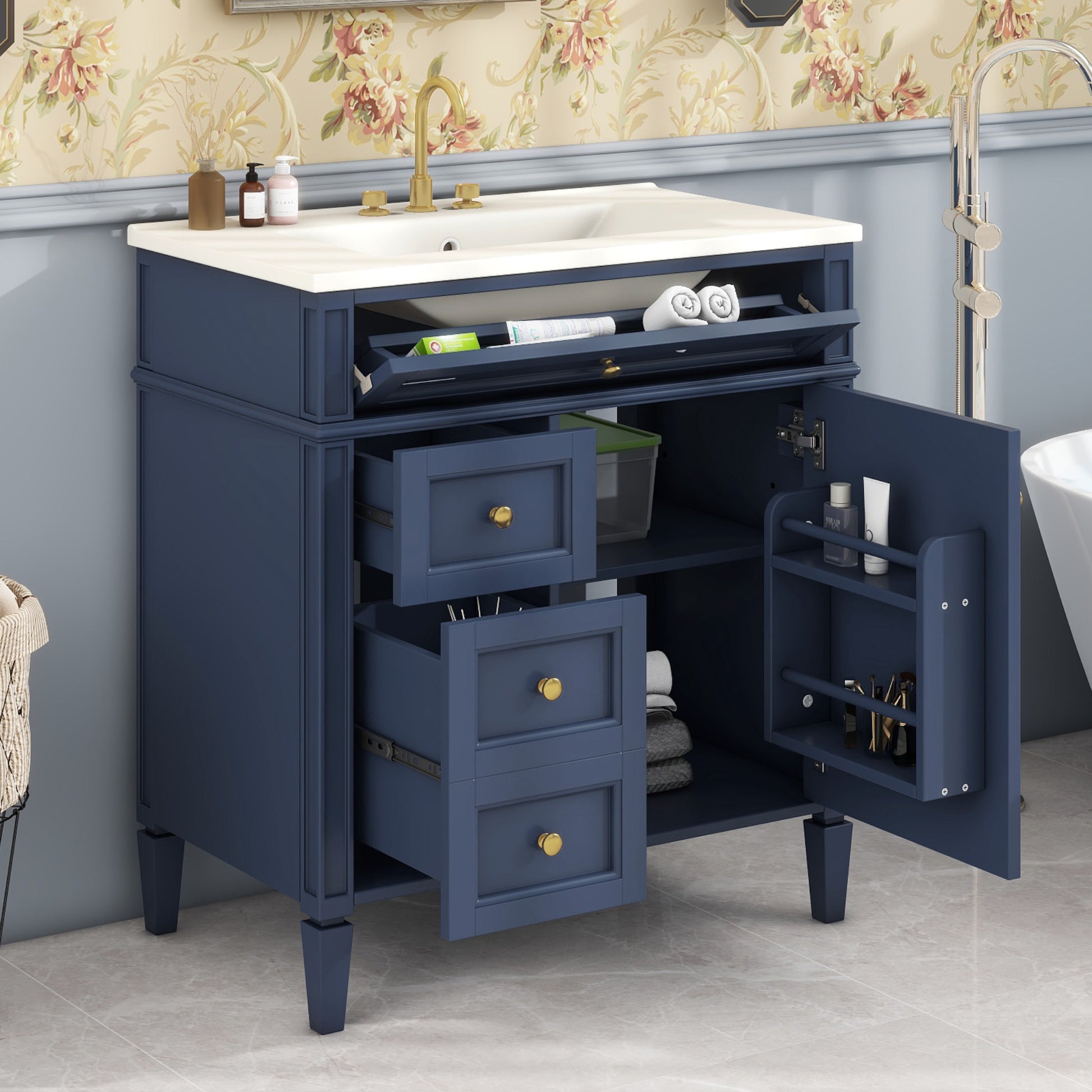 30'' Bathroom Vanity With Top Sink, Modern Bathroom Storage Cabinet With 2 Drawers And A Tip Out Drawer, Single Sink Bathroom Vanity Blue Modern Mdf Ceramic,Solid Wood Mdf
