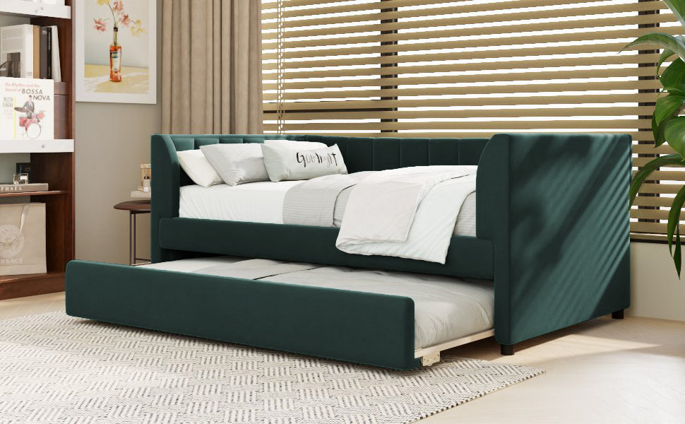 Twin Size Upholstered Velvet Daybed With Trundle, Green Box Spring Not Required Twin Green Wood Bedroom Bed Frame Velvet Upholstered