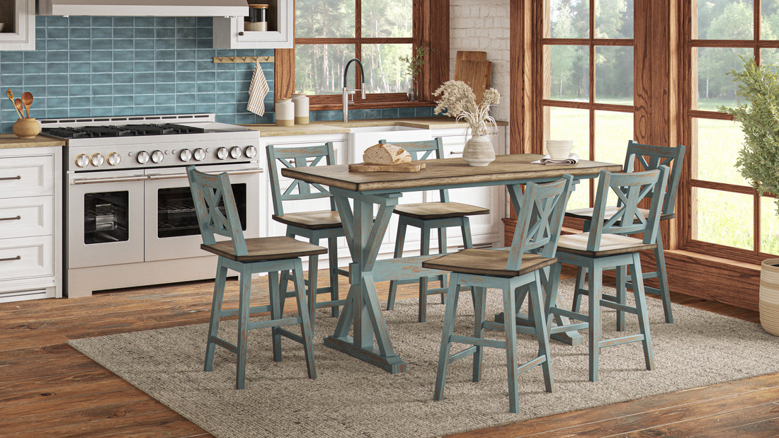 X Based Counter Height Casual Dining Table Aqua Blue Solid Wood Mdf
