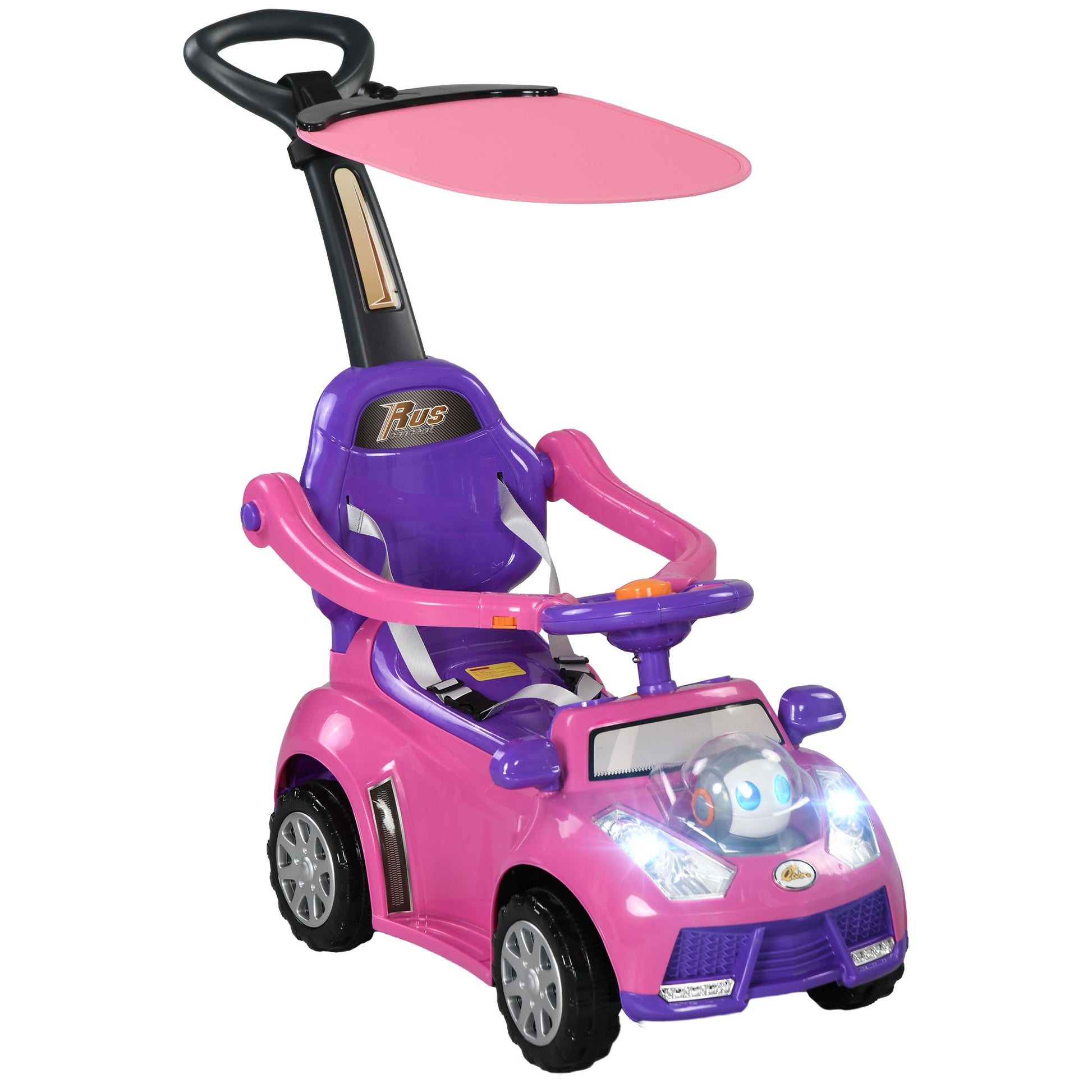 Qaba Push Car For Kids 1 3 Years, 3 In 1 Ride On Sliding Car, Foot To Floor Baby Push Car With Removable Handle, Music, Horn, Canopy, Safety Guardrail For Boys And Girls, Pink Pink Plastic