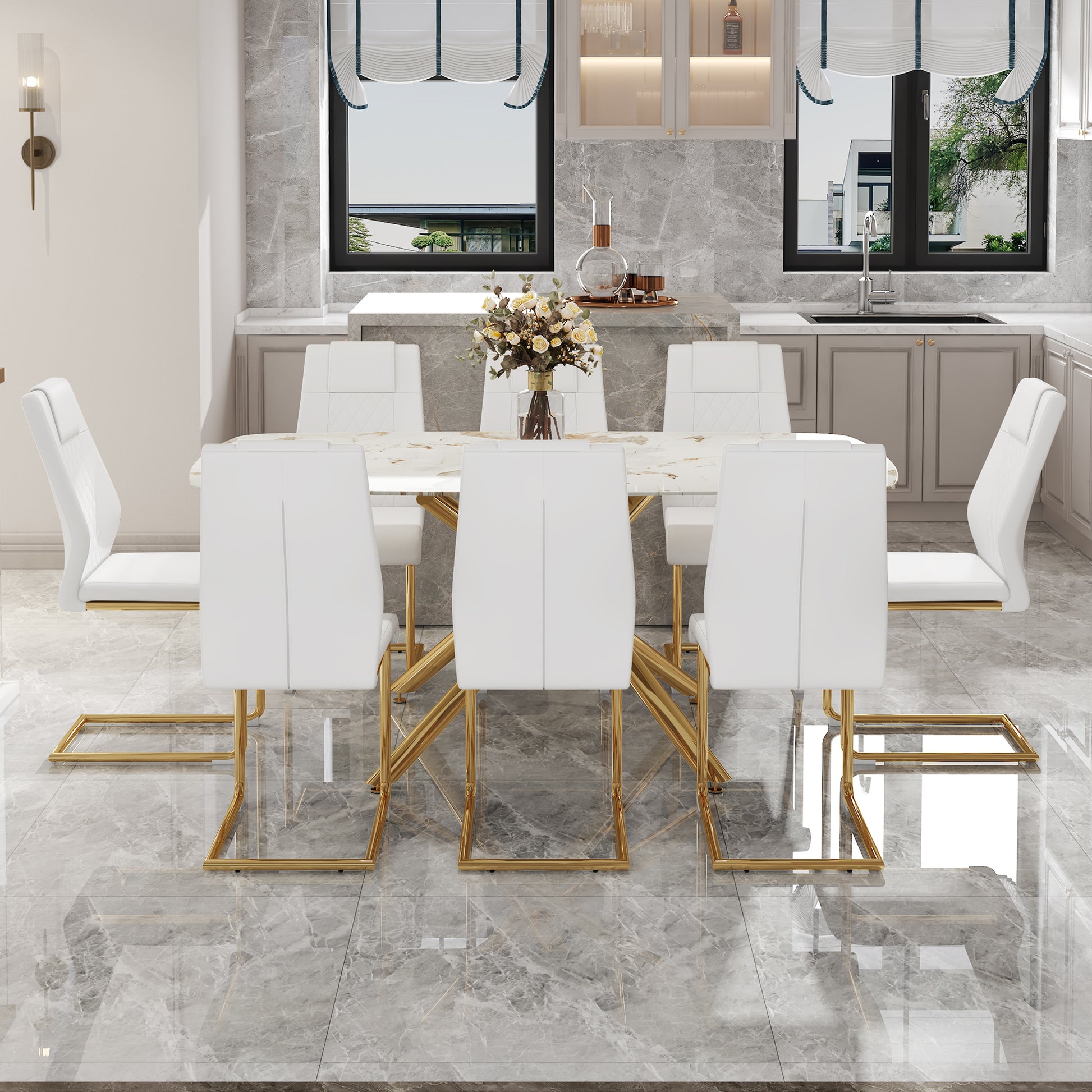 Table And Chair Set.Modern Luxurious Tempered Glass Dining Table Set With Gold Metal Legs And 8 Pu Chairs.White Marble Patterned Sticker Tabletop,White Chairs With Gold Metal Legs. White Gold Seats