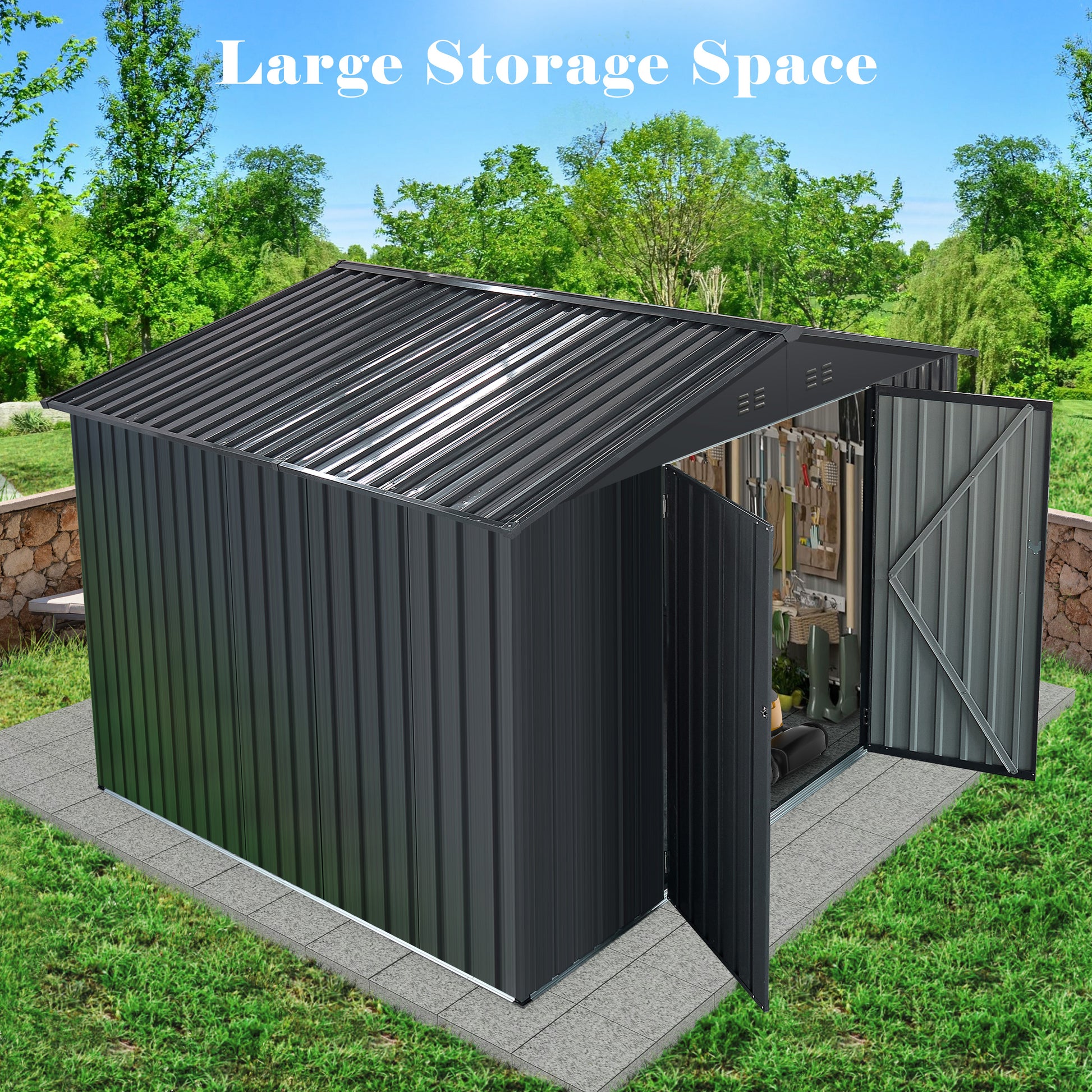 Outdoor Sheds 10Ft X 10Ft & Outdoor Storage Clearance, Metal Anti Corrosion Utility Tool House With Lockable Door & Shutter Vents, Waterproof Storage Garden Shed For Backyard Lawn Patio Black Garden & Outdoor Iron