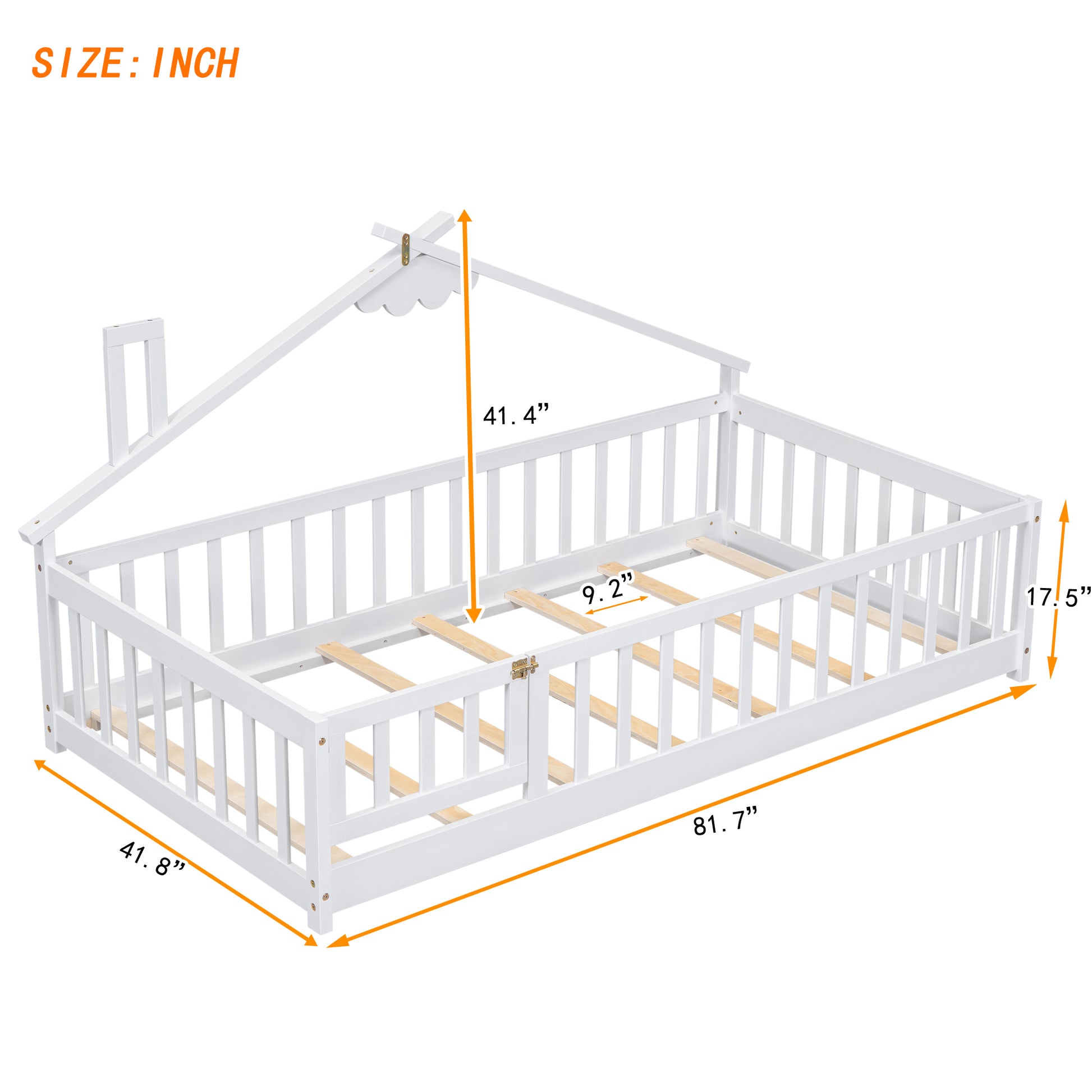 Twin House Shaped Bedside Floor Bed With Guardrails, Slats, With Door,White Twin White American Design Pine