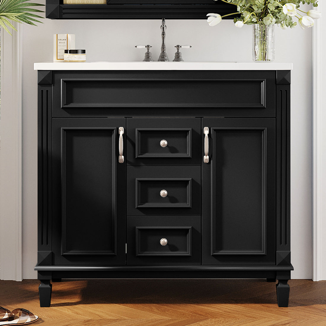 36'' Bathroom Vanity With Top Sink, Modern Bathroom Storage Cabinet With 2 Soft Closing Doors And 2 Drawers, Single Sink Bathroom Vanity Black Bathroom Modern Mdf Ceramic,Solid Wood Mdf