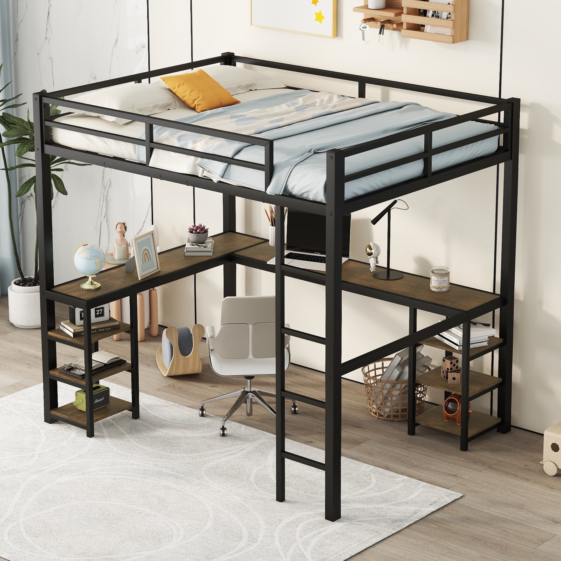 Full Metal Loft Bed With Desk And Shelves, Loft Bed With Ladder And Guardrails, Loft Bed Frame For Bedroom, Black With Vintage Wood Colored Desk Full Black Metal