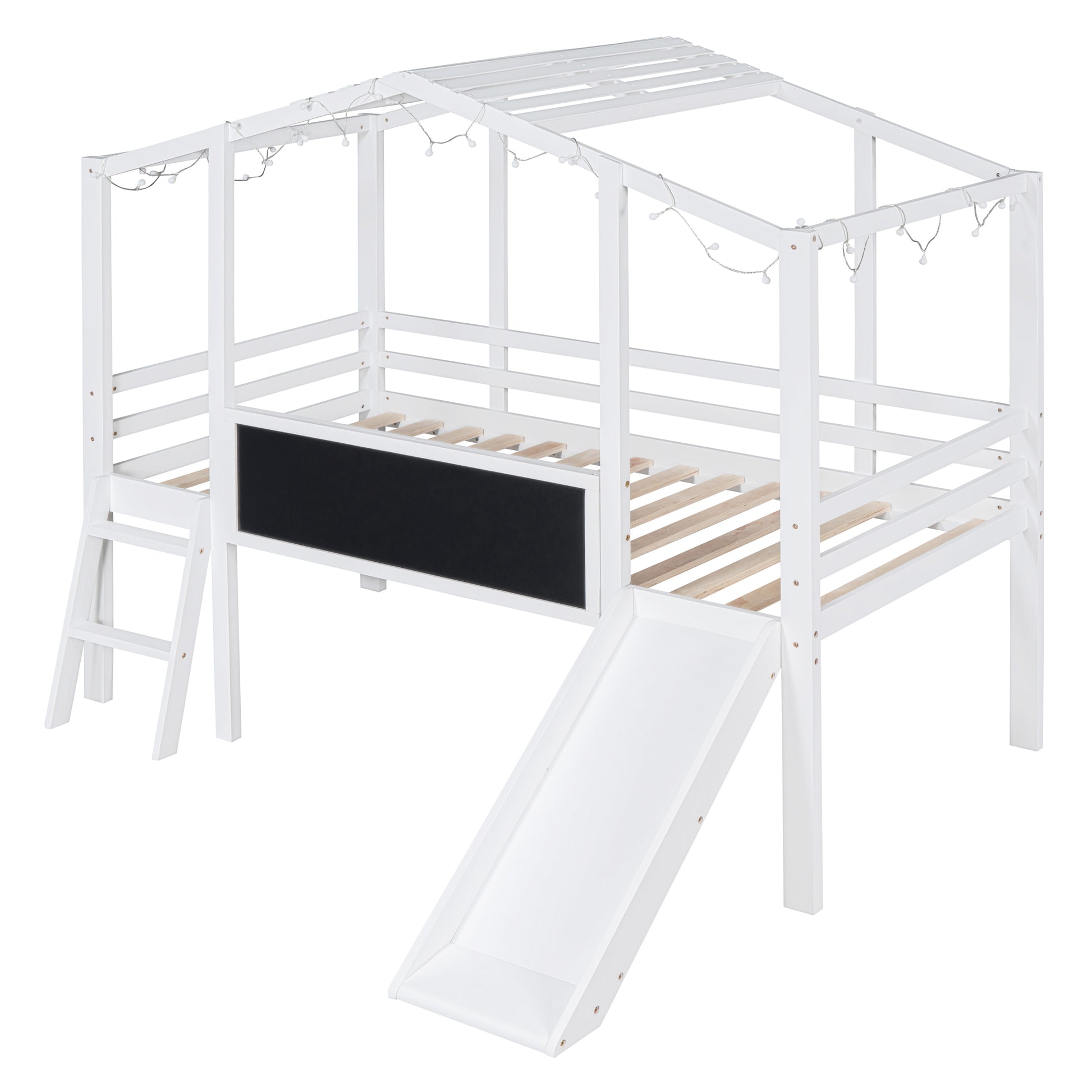 Twin Size Loft Bed With Ladder And Slide, House Bed With Blackboard And Light Strip On The Roof, White Twin White Solid Wood Mdf