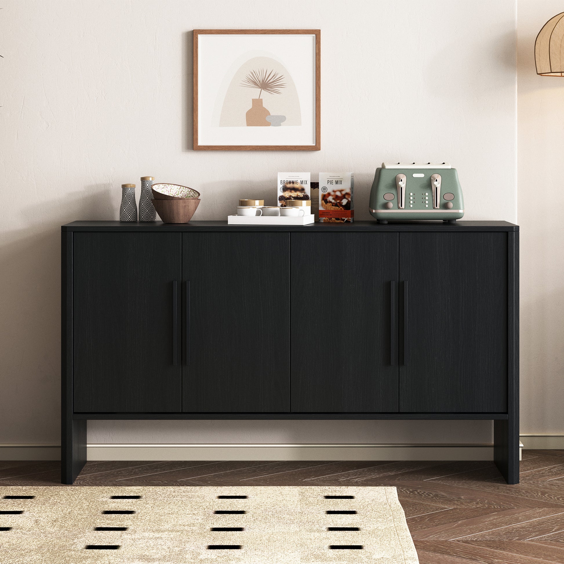 4 Door Large Storage Retro Sideboard With Adjustable Shelves And Long Handles For Kitchen, Dining Room And Living Room Black Black Mdf