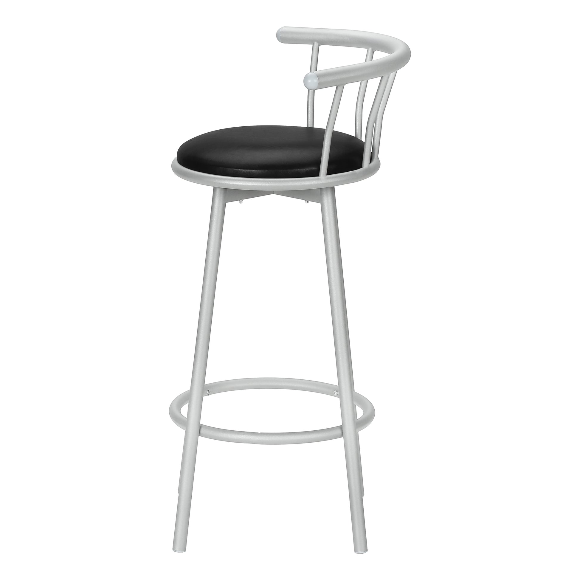 Barstool, Set Of 2, Swivel, Bar Height, Grey Metal, Black Leather Look, Contemporary, Modern Silver Foam Metal