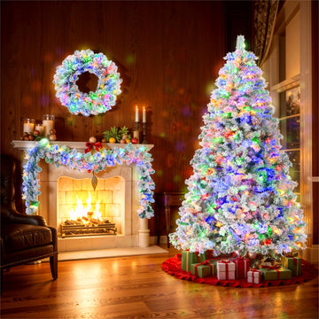 6Ft Snow Flocked Christmas Tree, Pre Lit Set With Tree & Garland & Wreath, Artificial Hinged Xmas Tree With Colorful Led Lights, 8 Lighting Modes, Pine Cones, Holiday D Cor For Home White Green Pvc