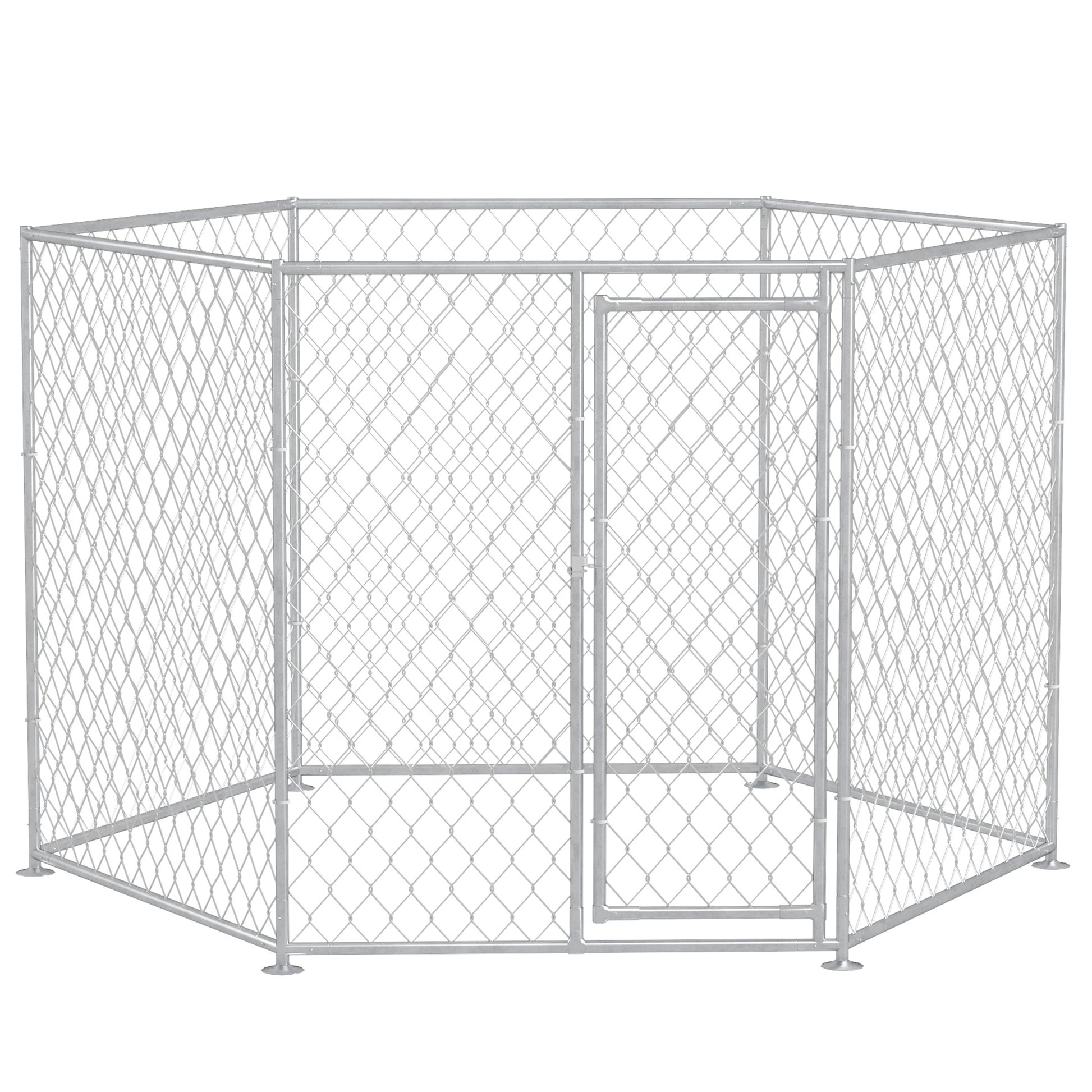 Pawhut 9.2' X 8' X 5.6' Dog Kennel, Outdoor Dog Run With Lockable Door For Medium And Large Sized Dogs, Silver Silver Steel