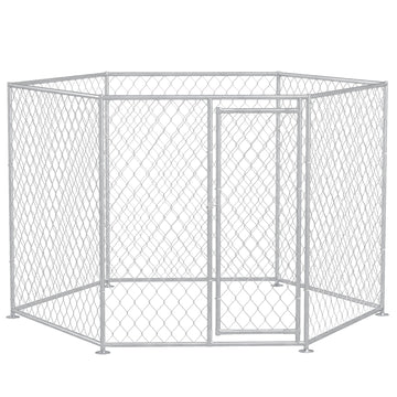 Pawhut 9.2' X 8' X 5.6' Dog Kennel, Outdoor Dog Run With Lockable Door For Medium And Large Sized Dogs, Silver Silver Steel