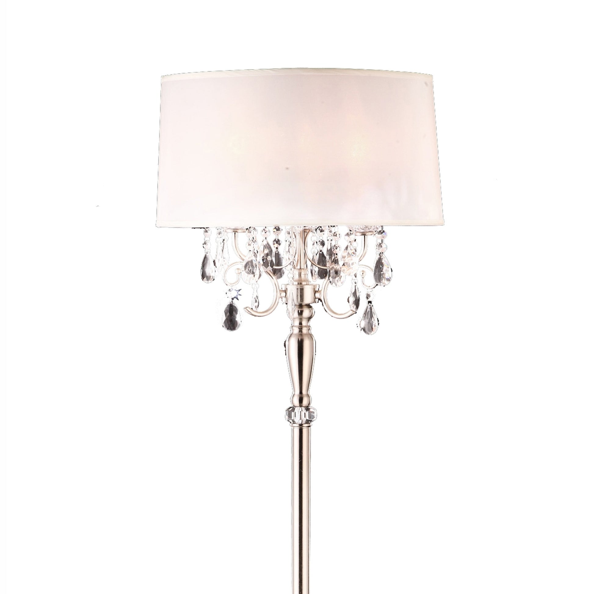 62" Tall Metal Floor Lamp W Silver Finish And Crystal Accents, White Shade Silver Metal