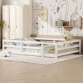 Full Size Floor Bed, Montessori Floor Bed With Fence, Kids Montessori Bed Full Size, Wood Montessori Floor Bed For Kids, Girls, Boys White White Wood Metal