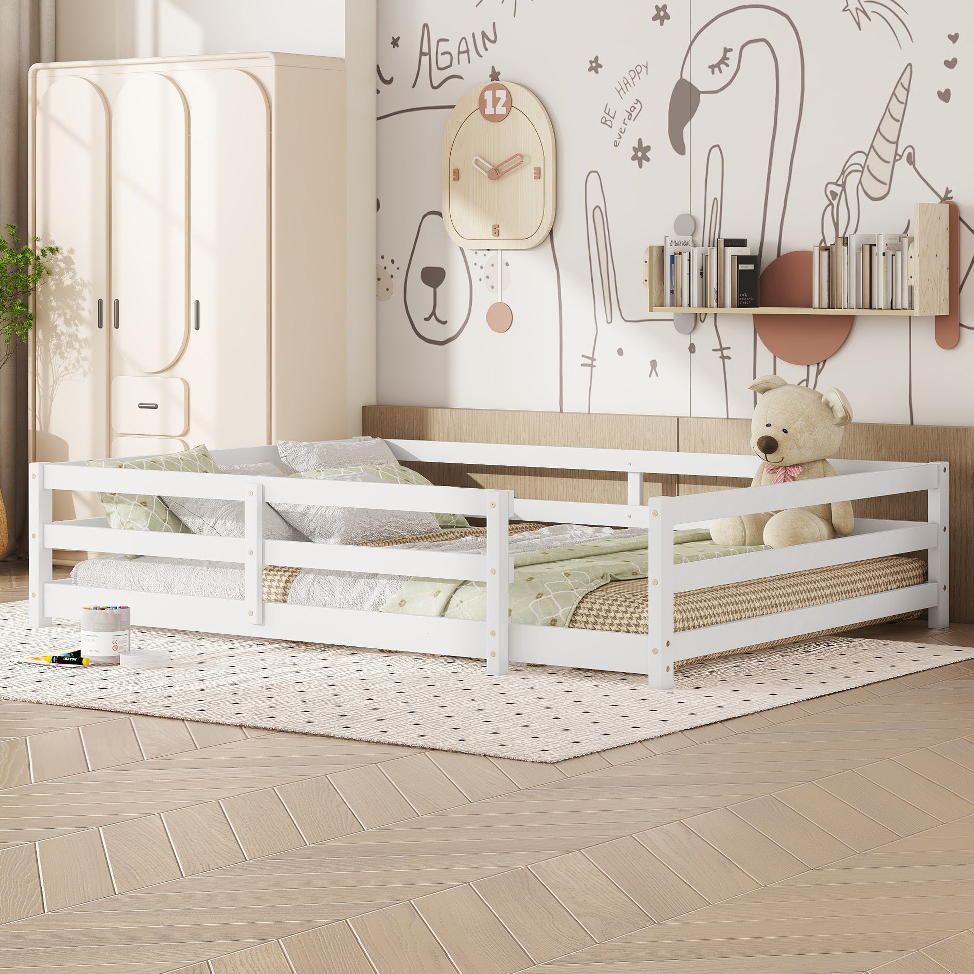 Full Size Floor Bed, Montessori Floor Bed With Fence, Kids Montessori Bed Full Size, Wood Montessori Floor Bed For Kids, Girls, Boys White White Wood Metal