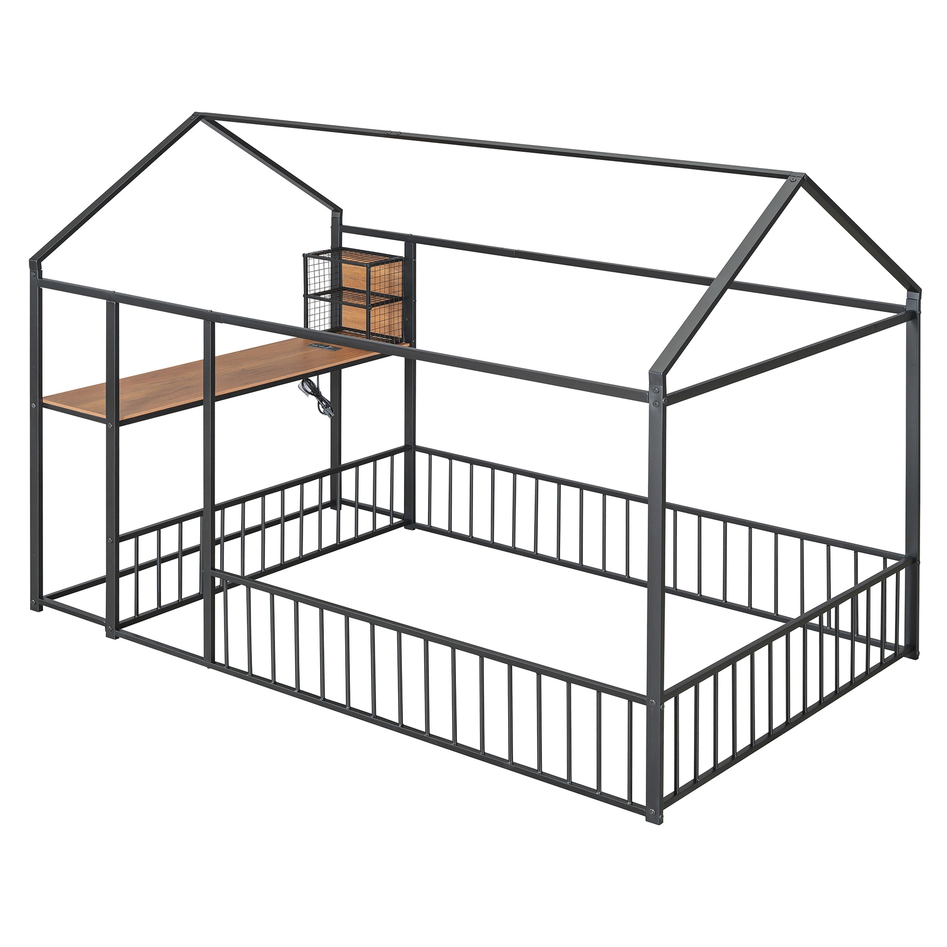 Full Size Metal Bed House Bed Frame With Desk, Shelves, Power Outlets And Usb Ports, Black Full Black Metal