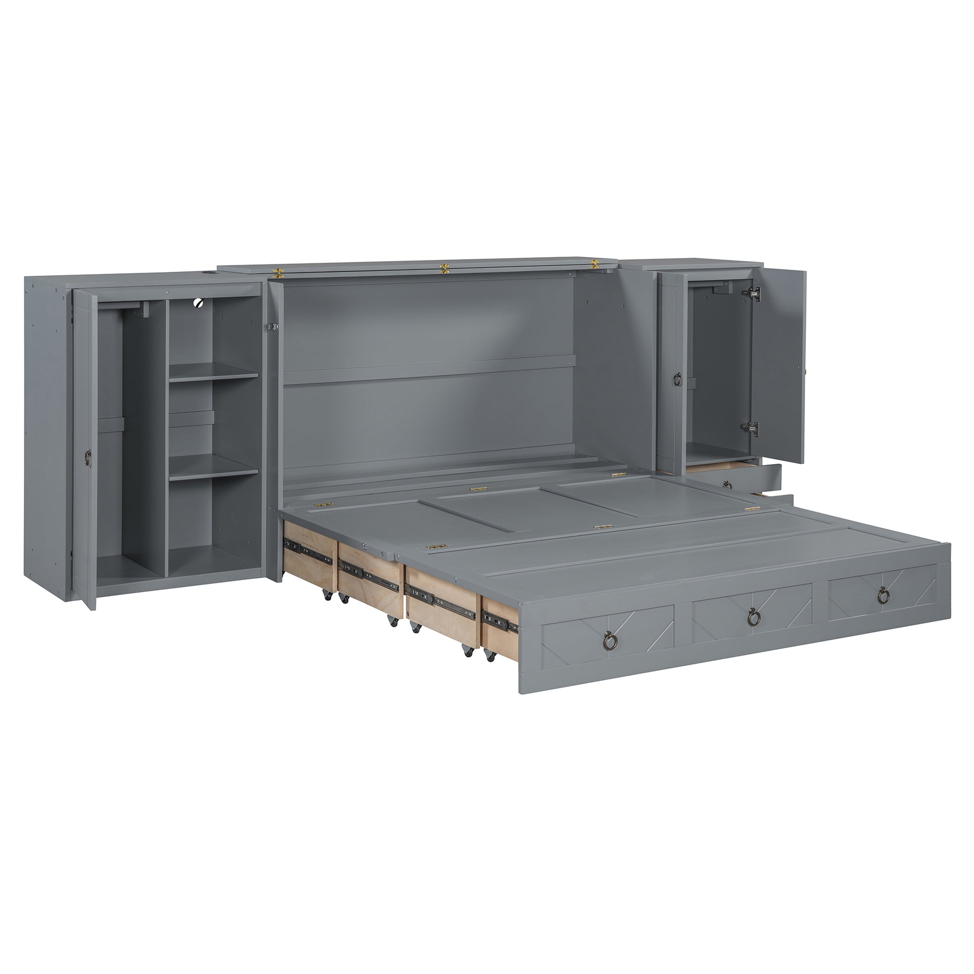 Queen Size Murphy Bed With Usb Port, Little Wardrobes And Drawers, Gray Queen Gray Particle Board Mdf