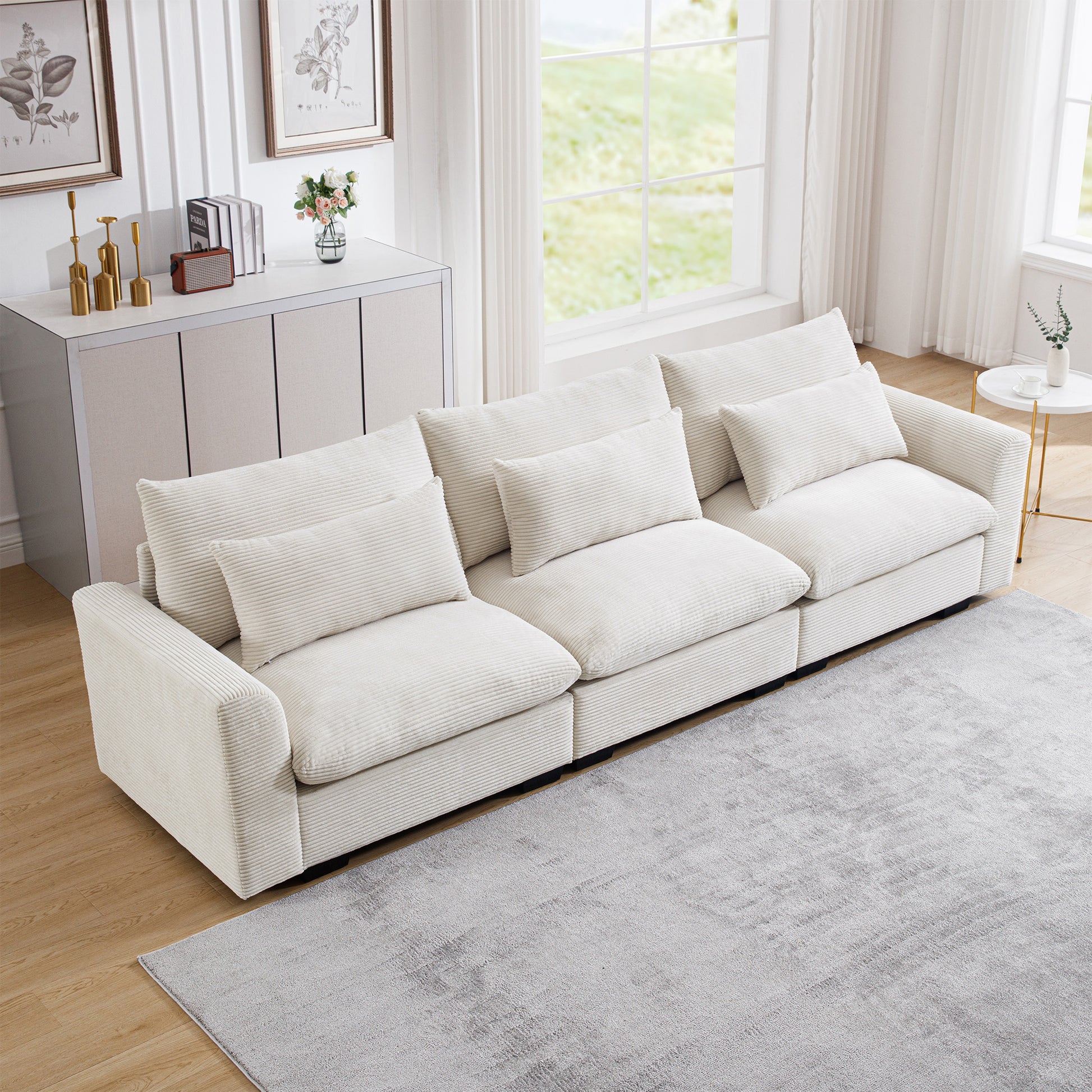 3 Seater Deep Seat Couches For Living Room, Wide And Deep Seat Comfy Living Roo Sofas With 3 Waist Pillows, Beige Corduroy Beige Corduroy 3 Seat