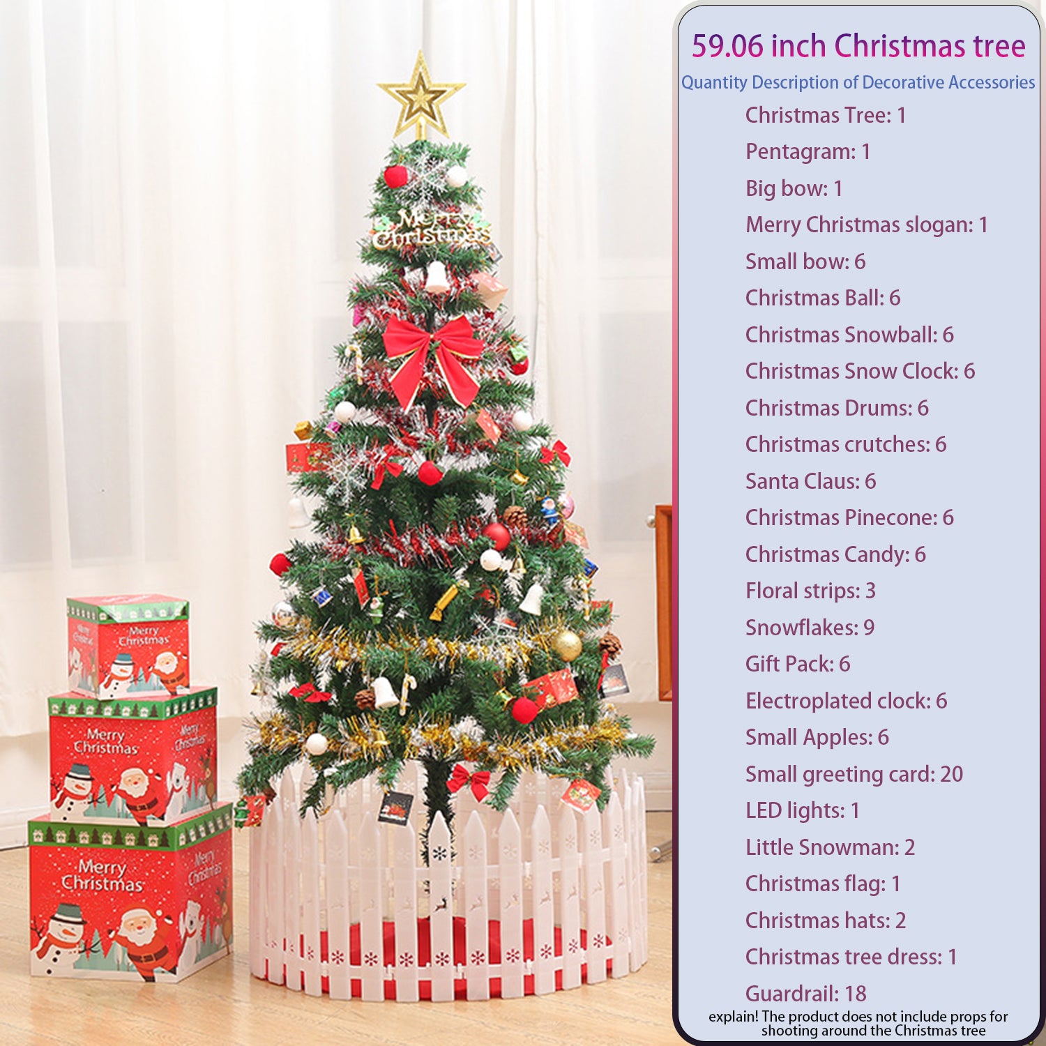 5Ft Artificial Christmas Tree With Led Energy Saving Lights, Including 109 Pendant Tree Skirts And Guardrails Green Art Deco Iron Plastic