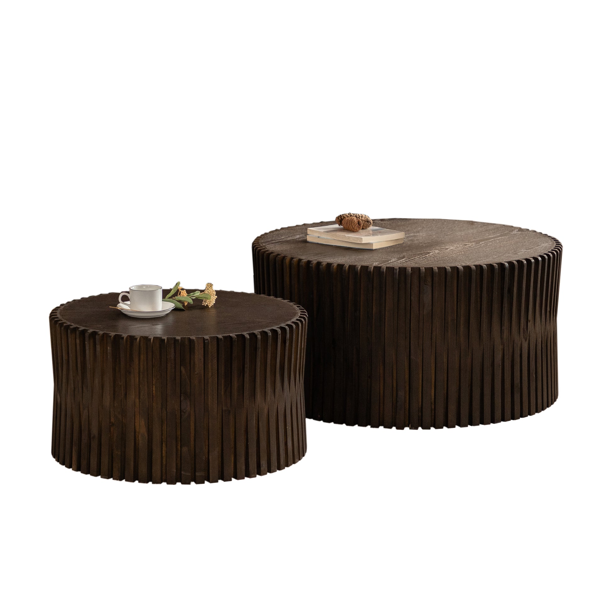 Vintage Fashion Style Cylindrical Nesting Coffee Table Set With Vertical Textured Embossed Design For Living Room, Office And Dining Room, Dark Brown Set Of 2 Dark Brown Mdf