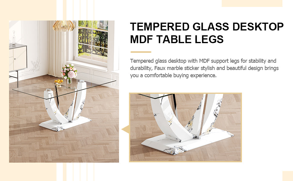 Table And Chair Set, Large Modern Rectangular Glass Table, Can Accommodate 6 8 People, Equipped With A 0.39 Inch Tempered Glass Tabletop And Mdf Table Legs.Paired With Comfortable And Soft Chairs.