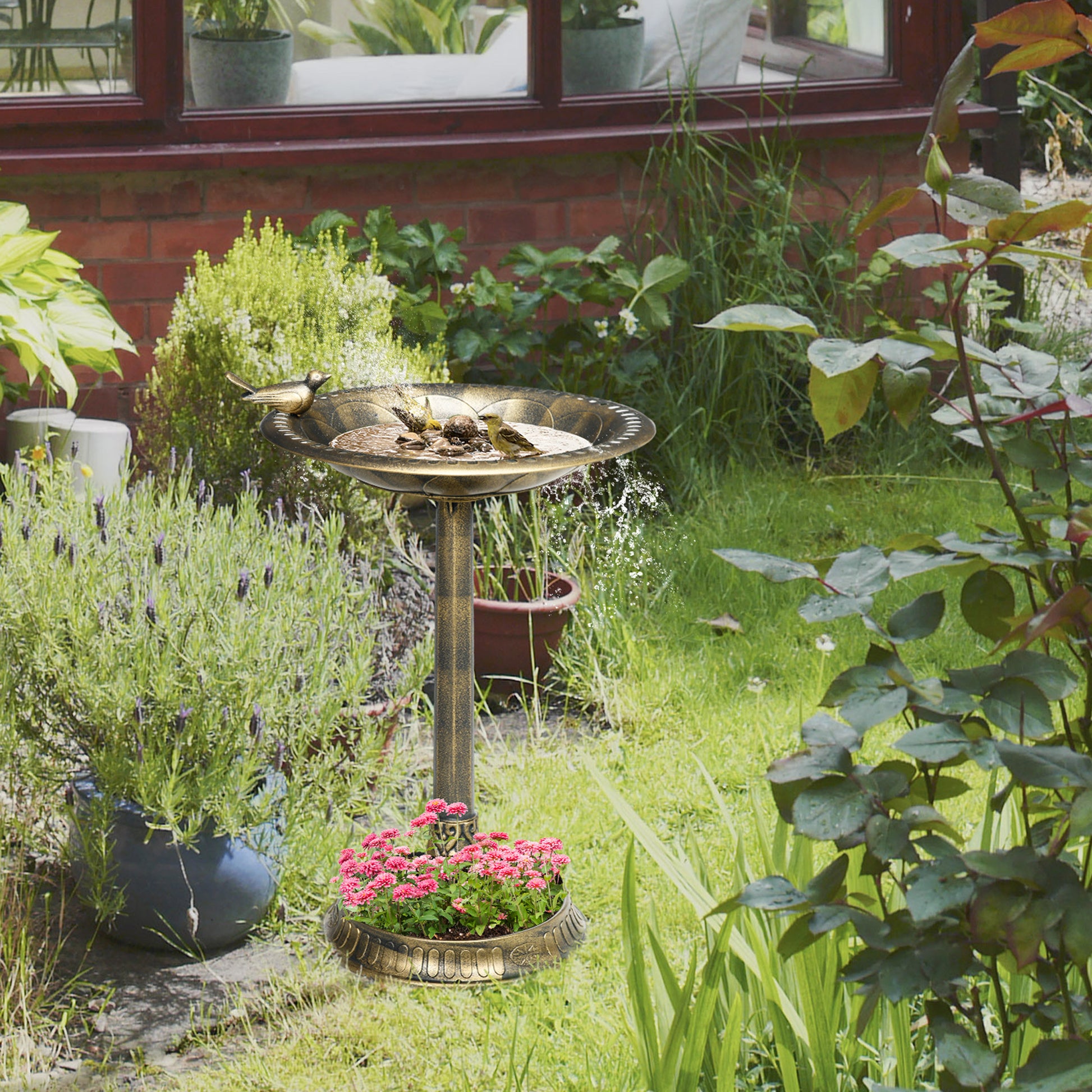 Outsunny 28" Antique Bird Bath With Pedestal Flower Planter Base, Vintage Style Decorative Birdbath & Bird Feeder Bowl, Decoration Yard Statue, Bronze Bronze Polypropylene
