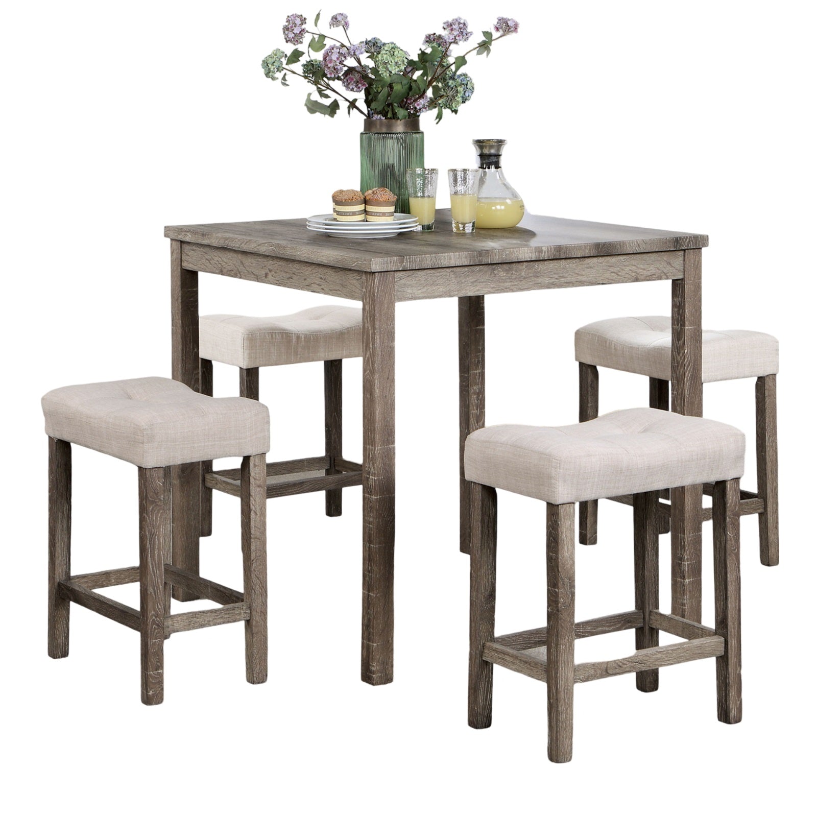 Transitional 5Pc Counter Height Dining Set Gray Counter Ht. Table And 4X Stools Linen Like Beige Cushion Seat Dining Room Wood Dining Room Solid Wood Square Dining Table With Chair Wood Wood Beige,Gray Slat Back Seats 4 36 Inches