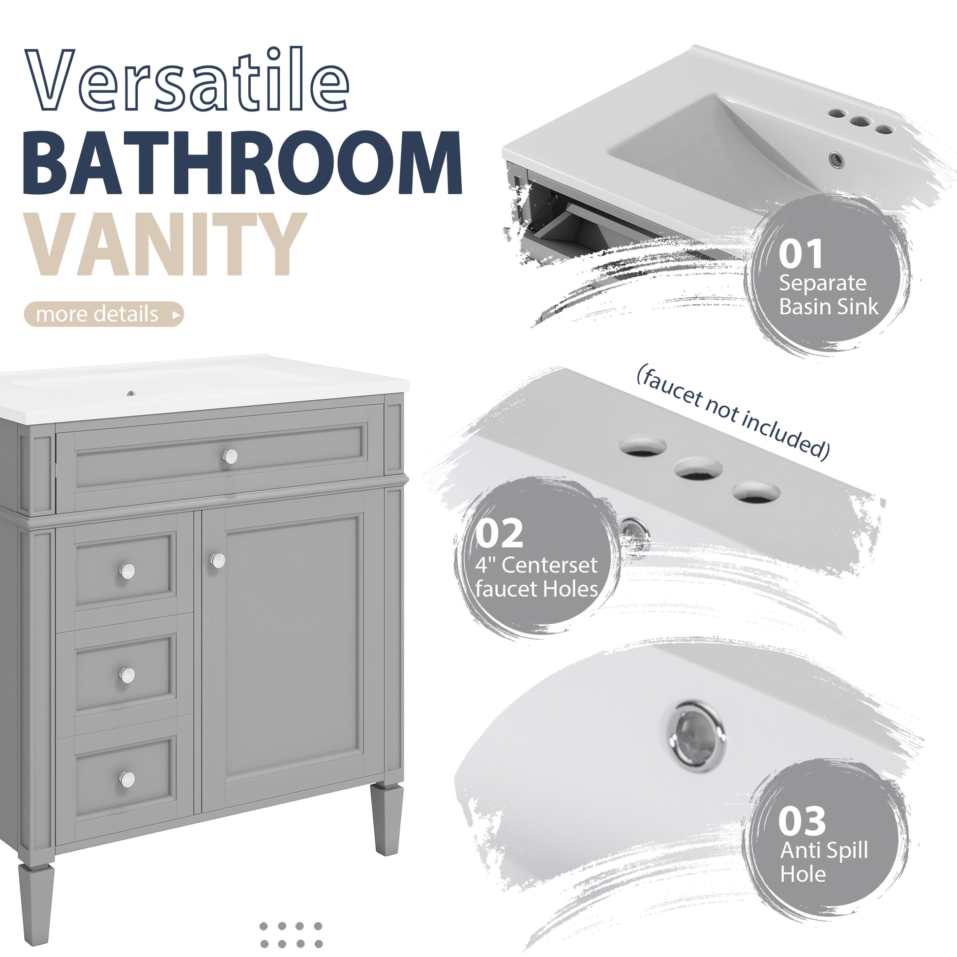 30'' Bathroom Vanity With Top Sink, Modern Bathroom Storage Cabinet With 2 Drawers And A Tip Out Drawer, Freestanding Vanity Set With Mirror Cabinet, Single Sink Bathroom Vanity Grey Bathroom Solid