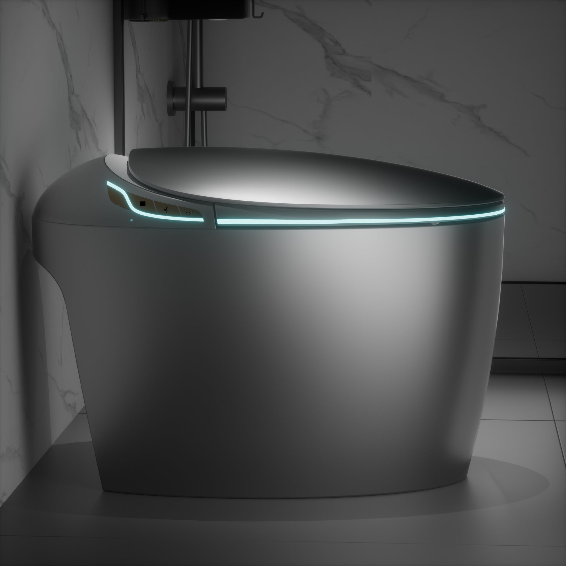 Unique Smart Toilet With Bidet Built In, Intelligent One Piece Toilet For Modern Bathroom, Auto Open Close Seat, Foot Sensor, Led Display,Night Light, Warm Water & Dryer,Grey Grey Bathroom Porcelain