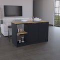 Kitchen Island With Large Countertop, Open Storage Shelves And Double Door Cabinet, Black Macadamia Black Solid Wood Mdf Engineered Wood