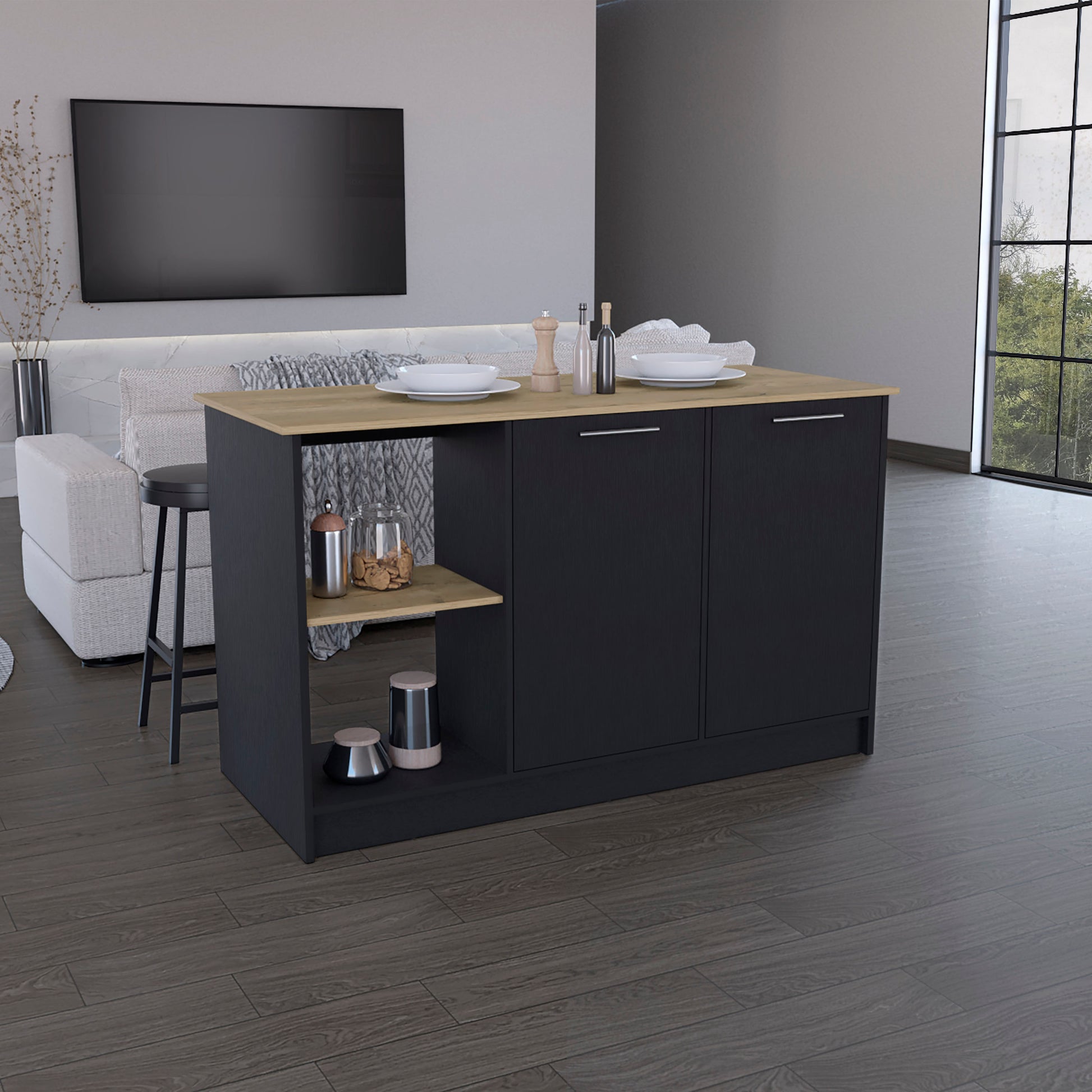 Kitchen Island With Large Countertop, Open Storage Shelves And Double Door Cabinet, Black Macadamia Black Solid Wood Mdf Engineered Wood