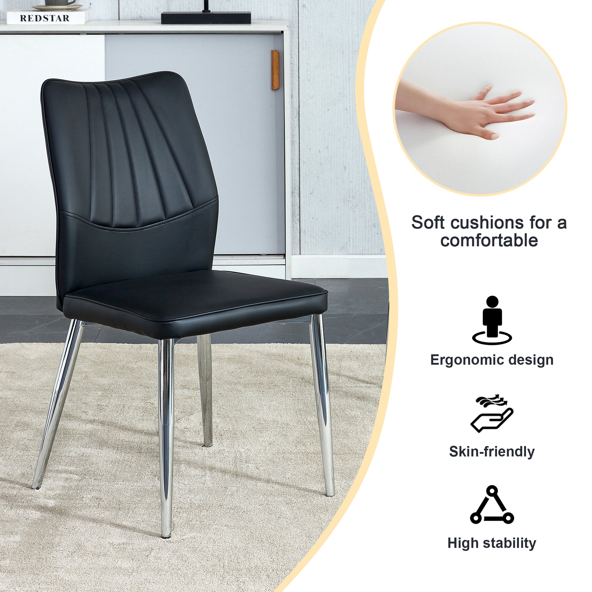 Table And Chair Set.Contemporary, Minimalist Rectangular Dining Table Featuring A Clear Tempered Glass Top And Sleek Silver Legs. Paried With Chairs Made Of Pu Material Cushion And Silver Metal Legs. Black Seats 6 Glass Metal