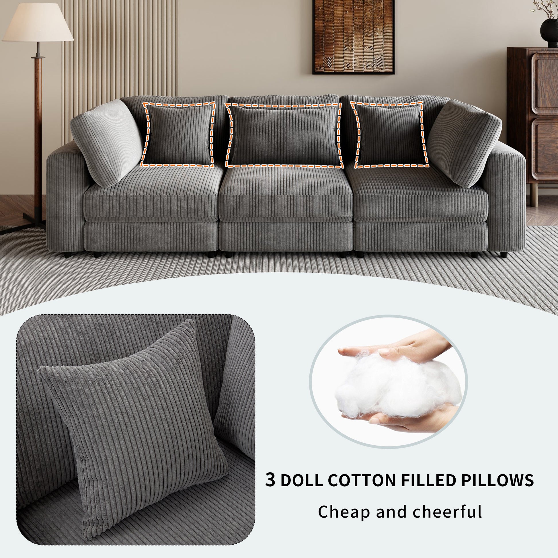 105'' 3 Seater Sofa With Removable Back Cushions And 5 Pillowsfor Living Room, Apartment, Spacious Space Gray Polyester 3 Seat