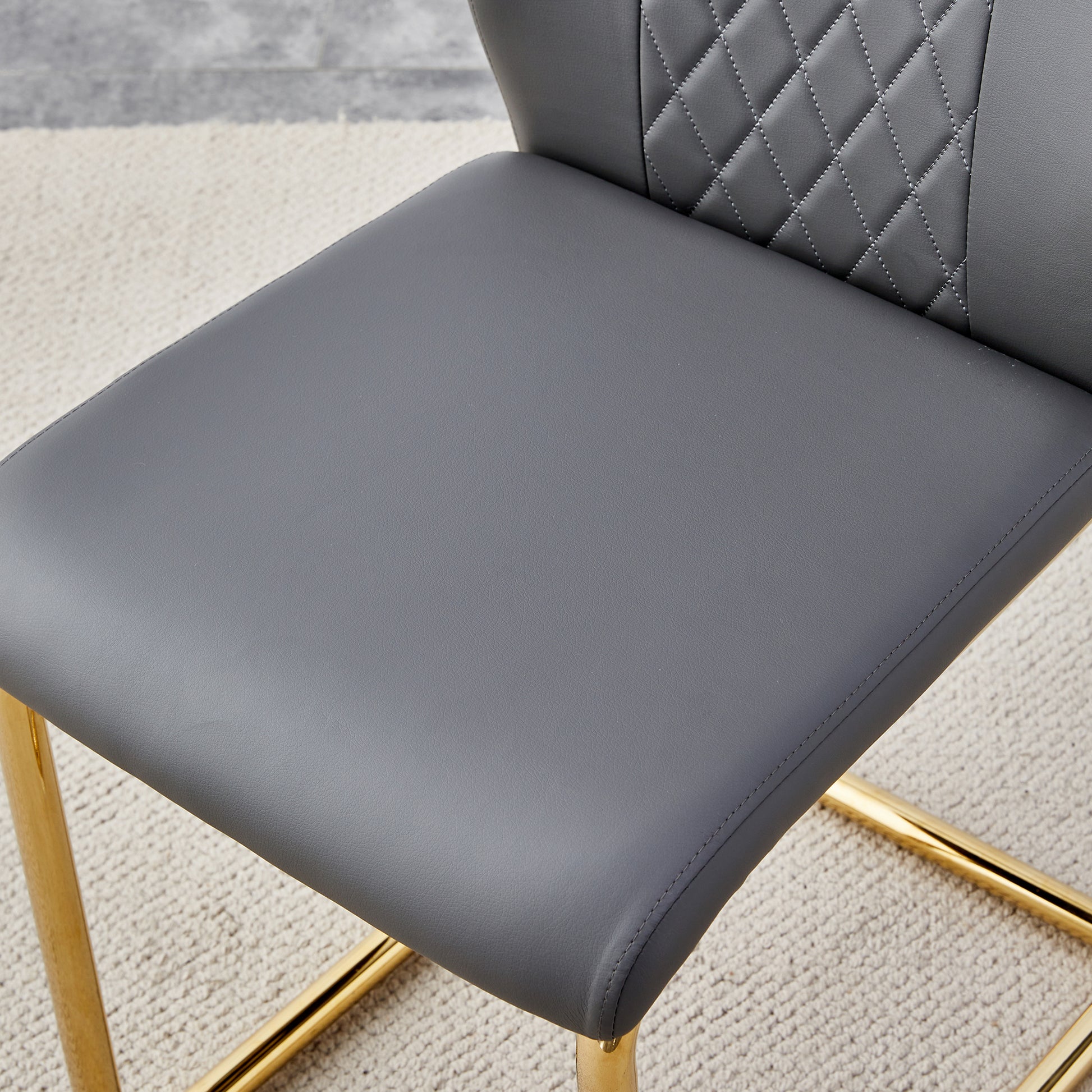 Table And Chair Set.Modern Rectangular Glass Dining Table With A Tempered Glass Tabletop And Metal Legs, Paired With Multiple Chairs Designed With Pu Cushions And Golden Metal Legs. Grey Gold Seats 6 Tempered Glass