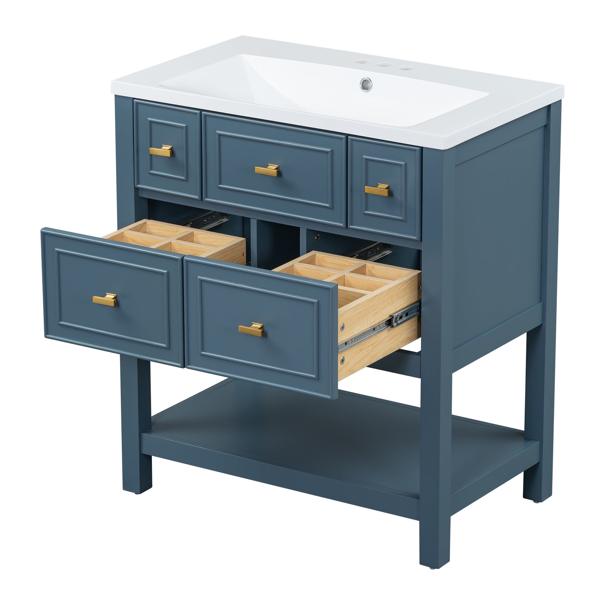 30'' Bathroom Vanity With Resin Sink Combo, Free Standing Single Vanity Set With 5 Drawers, Solid Wood Frame Bathroom Storage Cabinet, Blue 4 Blue 1 Bathroom Freestanding Modern Solid Wood Mdf Resin Painted