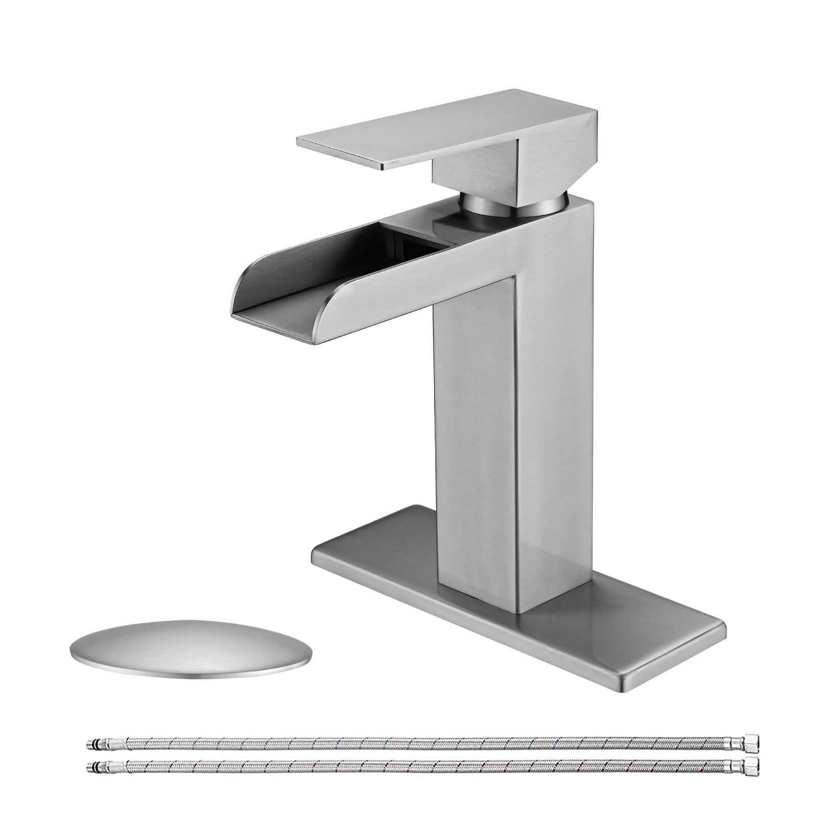 Waterfall Bathroom Faucet Brushed Nickel Single Handle Bathroom Sink Faucets 1 Or 3 Hole Solid Vanity Faucet With Deck Plate & Overflow Pop Up Drain Brushed Nickel One Brushed Nickel Deck Mounted Bathroom Nickel Stainless Steel