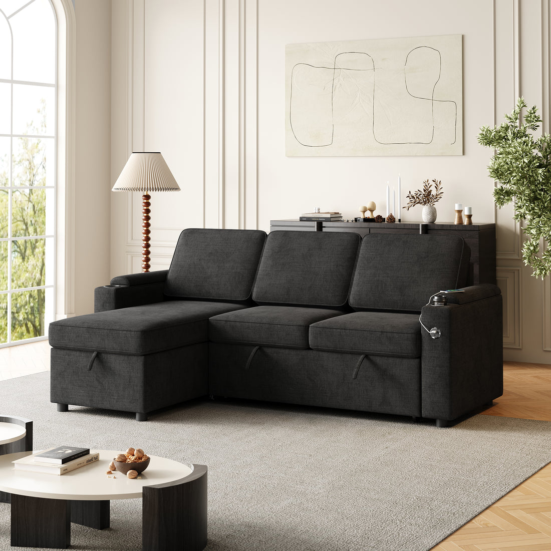 Mh85.8" Sleeper Sofa, Sofa Bed 2 In 1 Pull Out Sofa Bed With Storage Sofa, Sofa Sleeper With Pull Out Bed With Charging Port Black Polyester Primary Living Space Eucalyptus Polyester Fabric 3 Seat